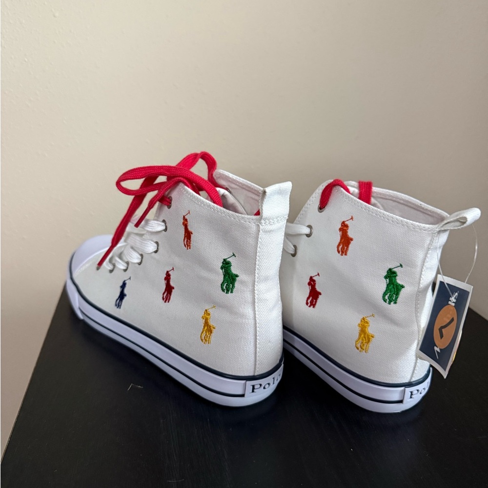 Polo Ralph Lauren Pony Print High Top Sneakers White NWT Womens 8.5 Kids 7 - Picture 4 of 11